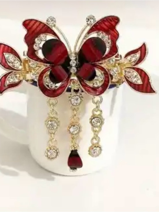 Vintage Butterfly Gem Jewelry - #1959: Butterfly Gem Tassel Hair Clip in Deep Magenta Sparkling Crystal Accents